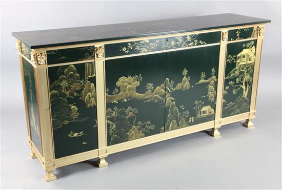 A pair of Chinoiserie green lacquered cabinets, W.6ft2in. D.1ft.7in. H.3ft.
